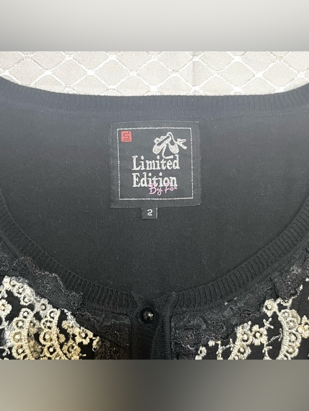 Y2K FOX Black & Gold Floral Frill Ruffle Lace Button Cardigan Limited Edition - Picture 13 of 14